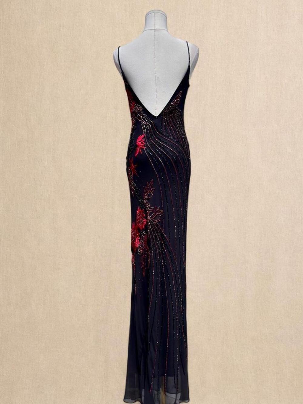 Vintage Cache black and red floral silk beaded maxi dress - Picture 5 of 8